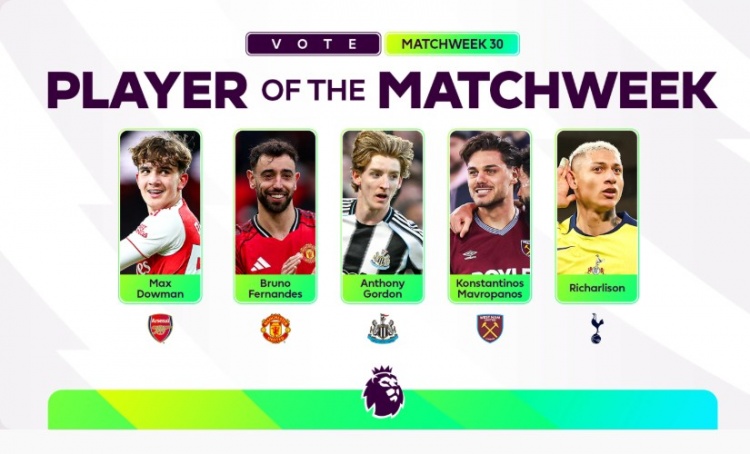 英超官方本轮最佳球员候选：道曼、B费、里沙利松在列