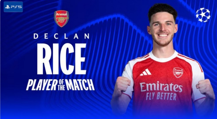 攻防俱佳！赖斯当选阿森纳vs勒沃库森全场最佳球员