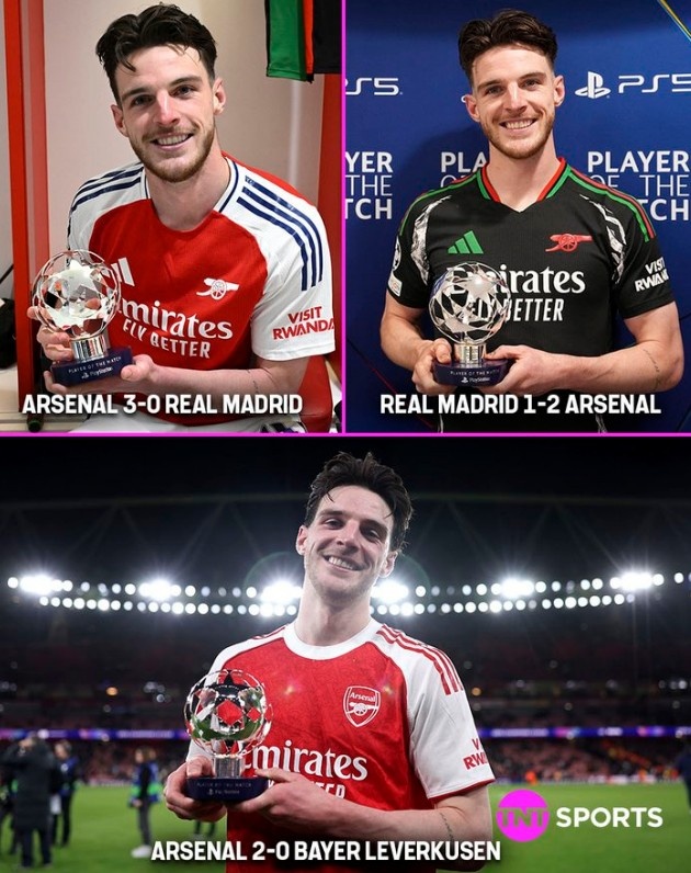 赖斯在近三次枪手取胜的欧冠淘汰赛均是全场最佳，此前为两战皇马