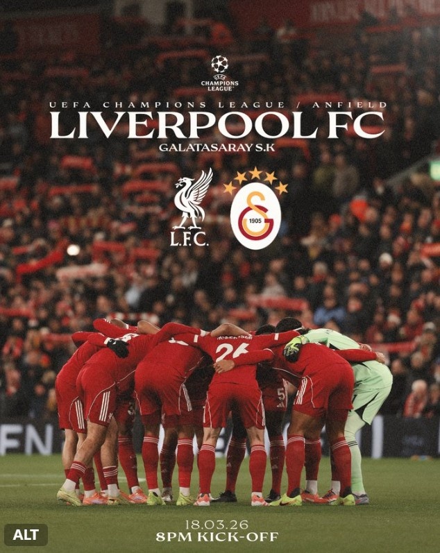 力争逆转，利物浦官方发布欧冠次回合对加拉塔萨雷海报