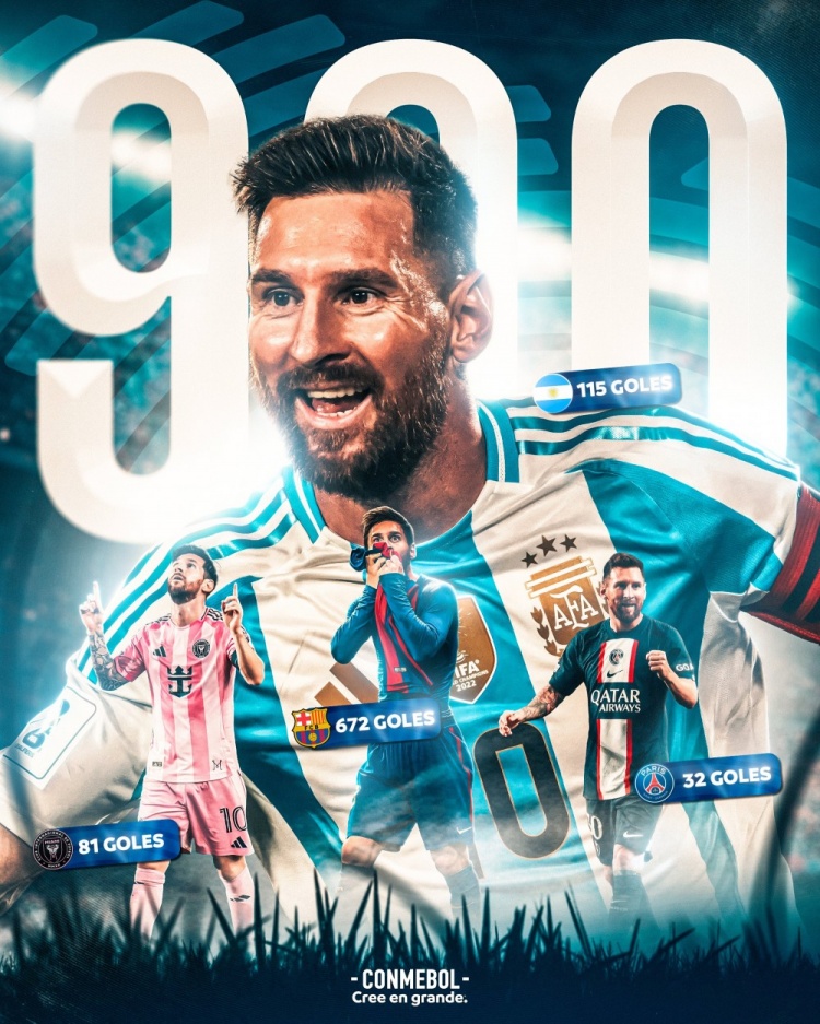 900球里程碑！南美足联官方晒海报祝贺梅西：独一无二的梅西