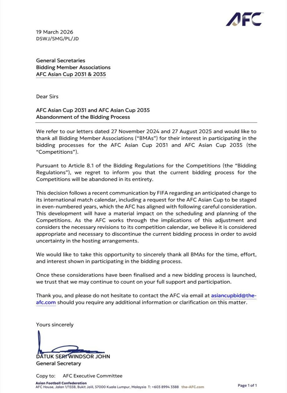 大变动！亚足联：同意FIFA将亚洲杯改至偶数年举办，终止现有申办