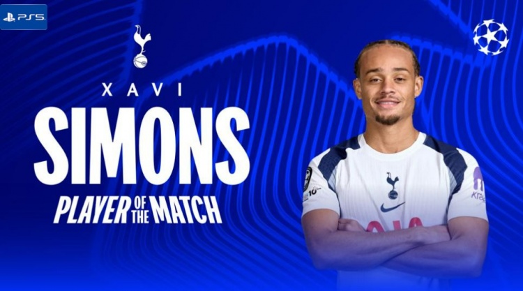 梅开二度，欧冠官方：哈维·西蒙斯当选热刺3-2马竞全场最佳球员