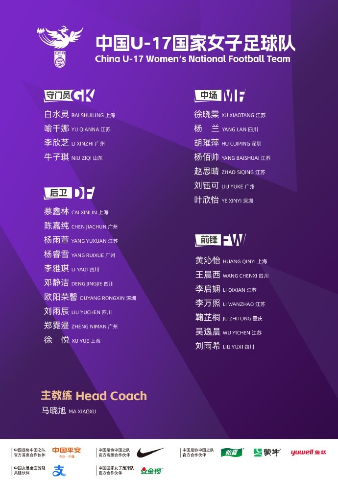 U17女足最新名单：马晓旭担任主教练，刘钰可、叶欣怡在列