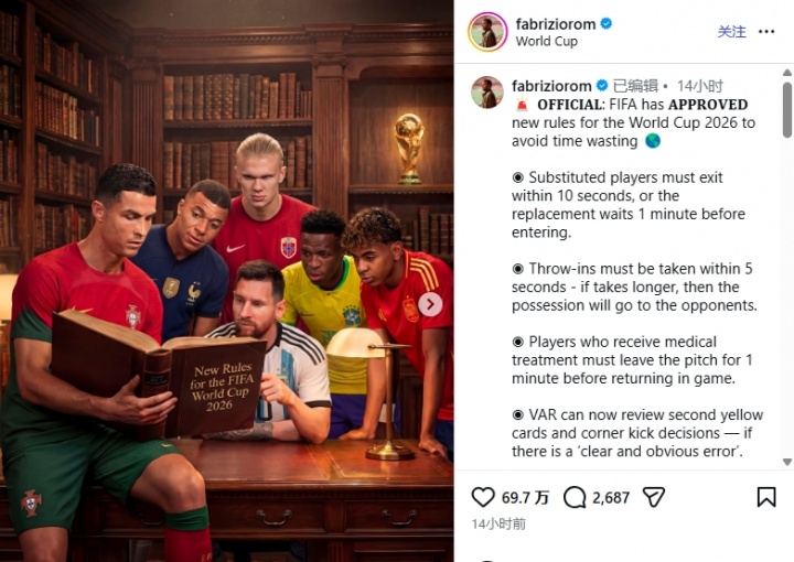 多名记者：FIFA宣布世界杯新规 换人10秒离场、门球界外球5秒掷出