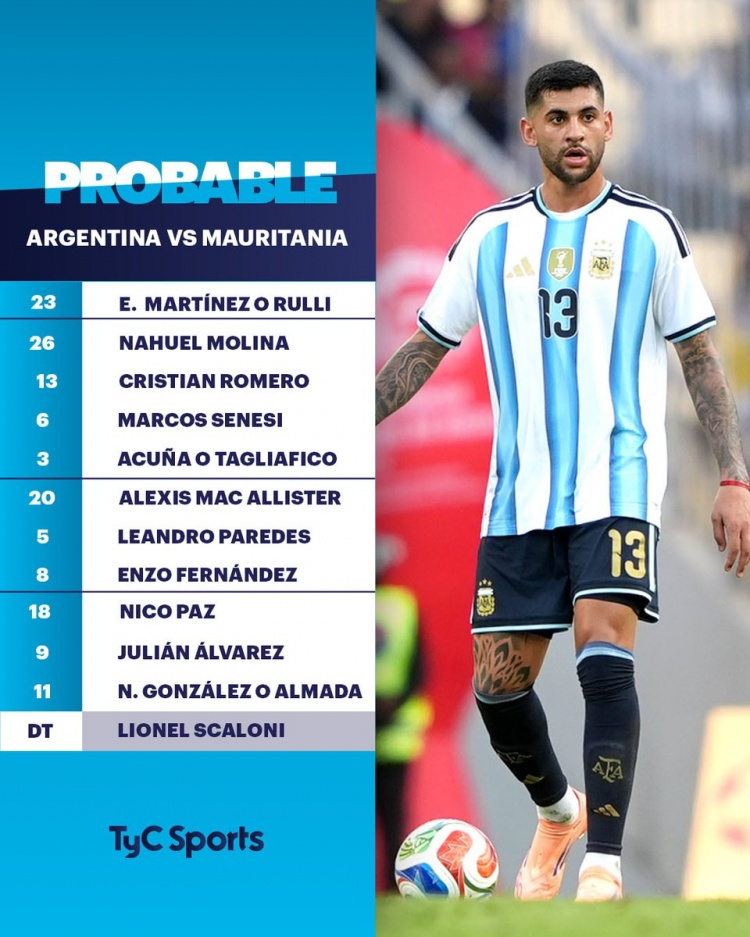 TYC预测阿根廷友谊赛首发：小蜘蛛、帕斯、恩佐、塞内西在列