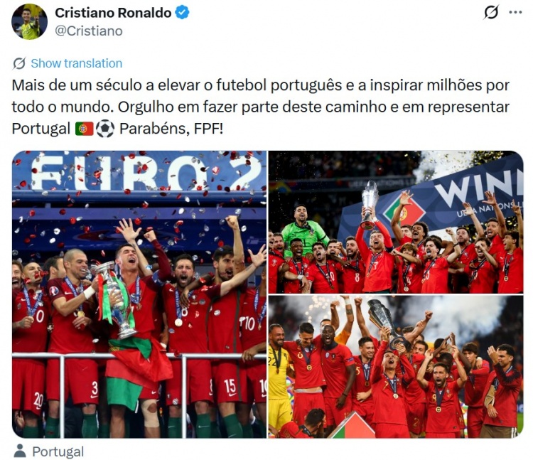葡足协成立112周年!C罗晒三冠:身披葡萄牙战袍为国出征,自豪!
